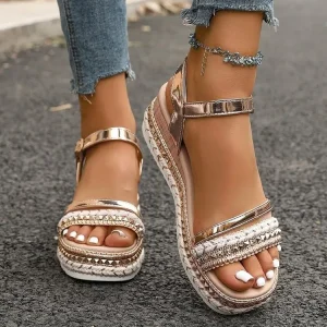 Flax Linen Upper Microfiber Lining PVC Midsole Denim Platform Gladiator Sandals With Buckle Women’s Summer Casual Slippers