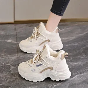 Fleece Lined Mesh Upper Lace Up Women’s Running Shoes Thick Soled Height Increasing Warm Winter High Top Sneakers