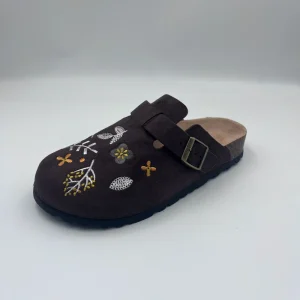 Floral Embroidered Suede Clogs Vintage Plant Pattern Mules Retro Women’s Cork Footbed Slippers
