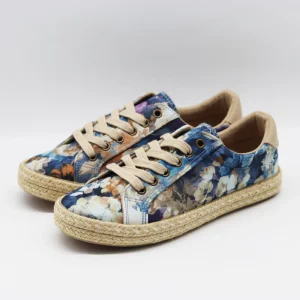 Floral Print Canvas Low Top Sneakers with Jute Woven Espadrille Sole Lace Up Bohemian Summer Casual Footwear for Women