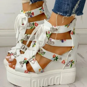 Floral Sandals Casual Ethnic Open Toe Wedge Sandals Women’s High Heels Casual Shoes for Ladies