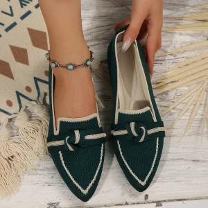 Flying Woven Mesh Upper Pedal Bow Women’s Plus Size Casual Slip-On Flat Shoes Slimming Pointed Breathable Autumn Rubber