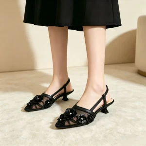 Flyshine 4 Colors 3D Floral Mesh Slingback Kitten Heels Women’s Comfortable Low Heel Sandals