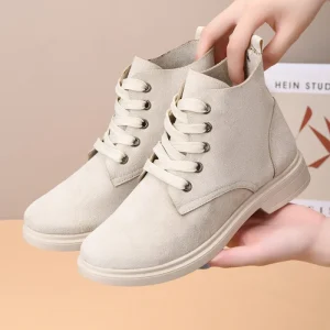 For Autumn New Vintage Women’s Shoes Soft-Sole Non-Slip Suede Desert Mid-Calf Work Front Lace Closure Synthetic Leather