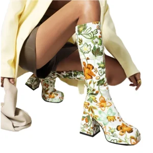 For Busy Girl Women’s Floral PU Knee High Boots Autumn Winter Chunky Block Heel Large Size Fashion Trend XY3001