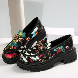 Foreign Trade Cross-border Small PU Shoes Spring Autumn New Embroidered Thick-soled Women’s Shoes Round-toe Metal Loafers