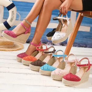 Foreign Trade Fashion Women’s Bohemian Style Round Head Wedge Sandals Thick soled Waterproof Mesh Upper EVA Outsole