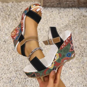 Foreign Trade Large Size Wedge High Heel Sandals Women’s Ethnic Style Embroidered One-word Buckle Open Toe Spring