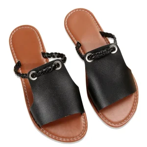 Foreign Trade Plus Size Summer Slippers Women’s Solid Color Woven Simple Daily Beach Slippers