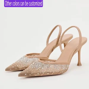 Foreign Trade Spring New Women’s Slip on Stiletto Heel Pointed Toe Rhinestone Mesh Upper High heeled Sandals Apricot Bright