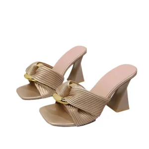 Foreign Trade Summer Thick Heels Wedge Sandals Slippers Metal Buckle Women’s Square Open Toe Slip On Breathable Fashion