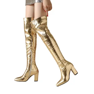 Foreign Trade Women’s Shoes Shiny Gold Patent Leather Boots Thick Heels Knee High Boots Women’s Shoes Women’s Boots