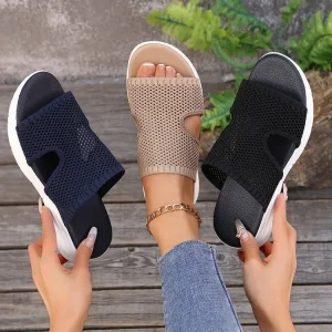 Foreign Trade Women’s Summer Open Toe Slip On Wedge Slippers Thick-soled Breathable Mesh Hollow Sandals