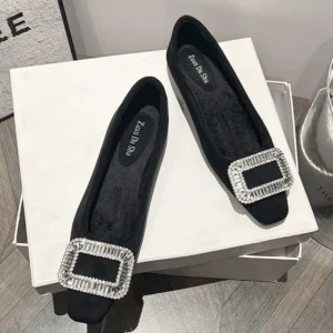 Formal Shoes for Women Buckles Square Head Ladies Office Loafer Slip On Soft Leather Mocassini Women’s Flats