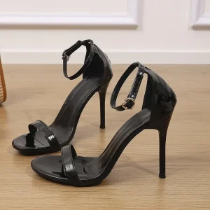 French Fashion Ankle Strap Black Summer Autumn Open Toe Buckle Closure High Heel Sandals for Women