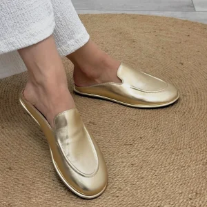 French Gold Metallic Luster Sheepskin Slip On Slippers With Soft Soles And Comfortable Flat Design For Spring Summer