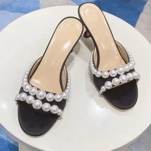 French Pearl Slippers Women’s Summer New Black Versatile Open-toe Round Toe Strap Stiletto Sandals