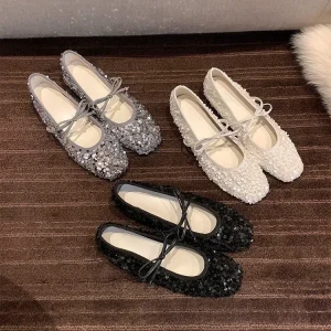 French Sequin Solid Microfiber Mary Jane Flats Women’s Shoes Spring Autumn Fairy Bowknot Cross-Strap Slip-On