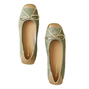 French Shallow Mouth Square Ballet Flats Summer Bow Anti Slippery Outdoor Lightweight Soft Bottom Outsole Women’s Shoes