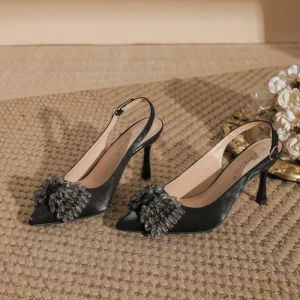 French Solid Pointed Toe Stiletto Heels Women’s Rhinestone Decorated Back Open Strap Shallow Mouth All Match