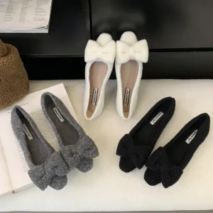 French Style Bowknot Shallow Mouth Single-Layer Slip-On Women’s Autumn Winter Flat Fleece Lined Rubber Upper