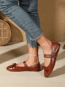 French Style Round Toe Ballet Flats for Women PP Upper Suede Lining Cute Bow Dual Buckle Strap Shoes