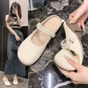 French Style Small Round Toe Women’s Summer Breathable Mule Mary Jane Half Slippers for Style Single-Layer Beach Shoes