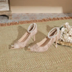 French Style Solid Pearl Lace Pointed Toe Stiletto Heels Elegant Women’s Bridal Gown Pumps High Heel 6-8cm