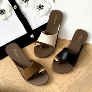 French Style Toe Loop Head Hollow Metal Summer Women’s Outdoor Beach Flat Sandals Slipper
