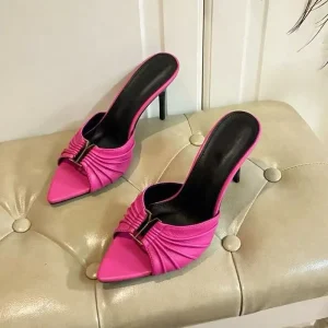 French Style Wedding Shoes Women’s Pointed Toe Pleated Ultra High Heel Stiletto Genuine Leather Buckles Stones