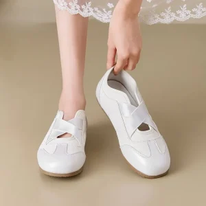 French Style White Women’s Spring Solid Ballet Flats Lightweight PU Upper Rubber Outsole Shallow Mouth Single Layer Flat