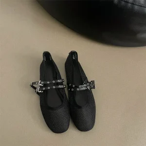 French Unisex Laced Mesh Flats Women’s Double Buckle Ballet Flats Breathable Soft Sole Mary Jane Shoes