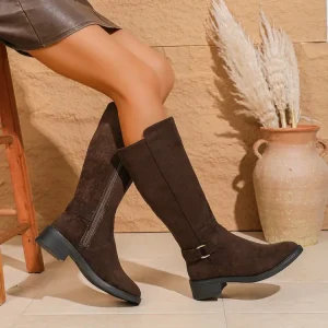 French Women’s Cowboy Knee High Thick Heel Side Zipper Winter Boots New Style Fashion Knight Boots