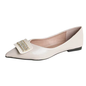 French Women’s Mary Jane Flats Slip-On Solid PU Fashion Trend Rhinestone Decorated Flat Shoes Size 41-43
