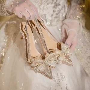 French-style Crystal High Heels Butterfly Wedding Shoes Rhinestone Pointed-toe Stiletto Summer Women’s Buckle Sandals