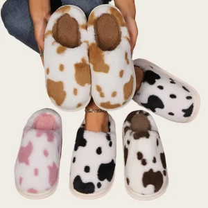 Funny Cute Indoor Outdoor Home Floor Fur Cow Plush Slippers for Women Cattle Shoes