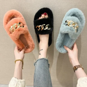 Furry Fur Slides Plush Slippers Matte Gold Chain Fluffy Flip Flops Luxury Faux Fur Slippers Slip on Flats Women’s Fashion Shoes