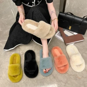 Fuzzy Faux Fur Women’s Open Toe Flat Slides Indoor Outdoor Soft Warm Breathable Multi Color