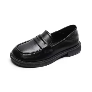 GON22 Women’s High Quality Black Genuine Leather Flat Shoes Fashion Design Slip On Chunky Loafers Soft Comfortable for Summer