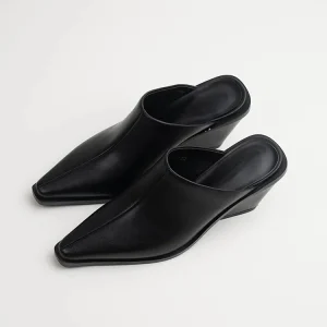 Genuine Cowhide Leather Women’s Mules Pointed Toe Half Slip Ons with High Heels Outerwear Black Slides