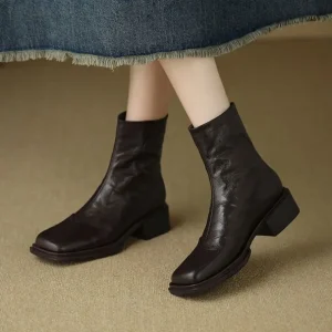 Genuine Leather Ankle Boots for Lady Autumn Winter Fashion Pleated Square Toe Zipper Mid Heels Women’s Short Boots