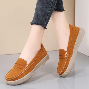 Genuine Leather Loafers Slip-on Women’s Korean Style Casual Lazy Shoes Soft-Soled Comfortable Mother’s Shoes