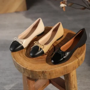 Genuine Leather Round Toe Bow Solid Pattern Spring Ballet Flat Casual Shoes For Women