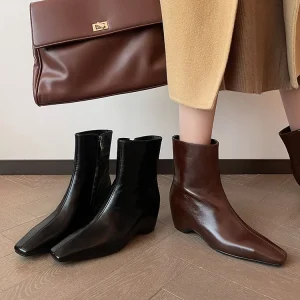 Genuine Leather Short Boots for Lady Autumn Winter Fashion Dress Mid Heels Women’s Ankle Boots Black