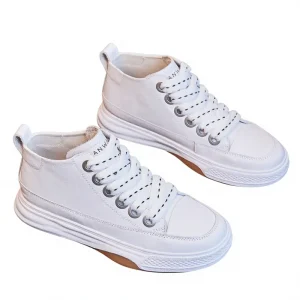 Genuine Leather White Women’s High Top Skate Sneakers Breathable Lace Up Athletic Shoes New Style