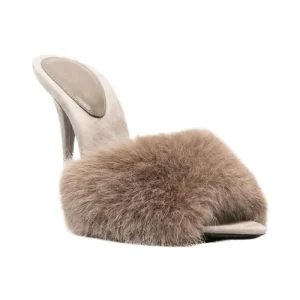 Girls New Thin High Heeled Sandals with Fur Fashion Women’s Fur Faux Suede Sandals for Ladies