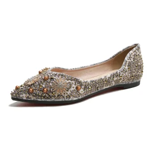 Girl’s Summer New Diamond Metal Print Shallow Pointed Flat Bottom Large Women’s Shoes 41 43