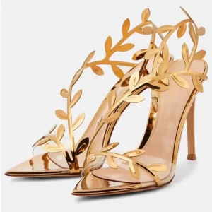 Gold High Heels Women’s Summer New Metallic Patent Leather Thin Heel Pointed Toe Sandals