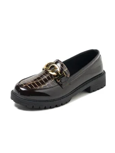 Gold Metal Buckle Embossed Platform Loafers Women’s Chunky Heel Dress Shoes