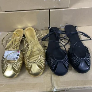 Gold Metallic Effect Women’s Ankle Strap Flat Heeled Sandals Round Toe Hollow Out Open Toe Footwear